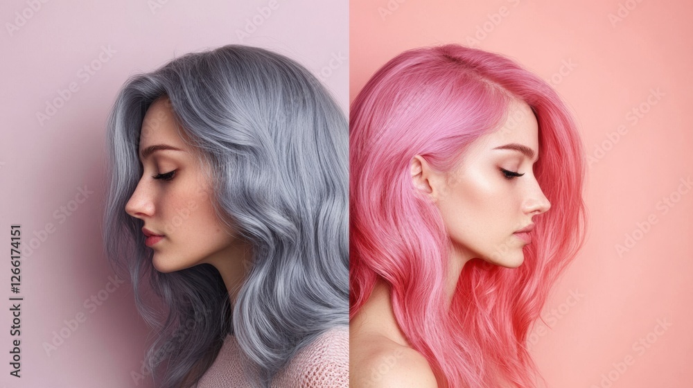 Poster gray hair transforms into vibrant pink with a stunning side by side comparison in a creative display
