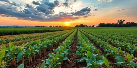 Vibrant green soybean field under the golden glow of sunset, promoting eco friendly farming practices, agriculture, nature, environment