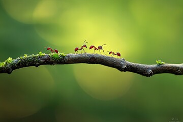 Red ants crossing a mossy branch in nature