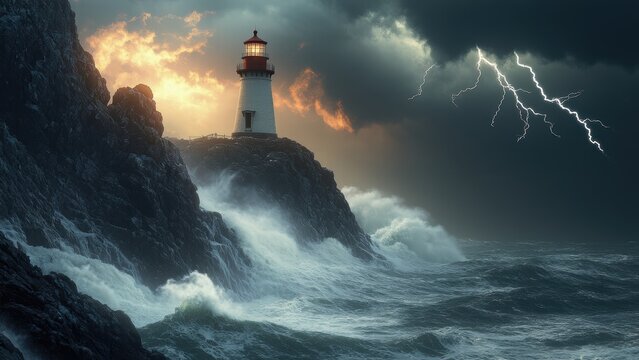 lighthouse on the horizon under a stormy sky with lightning