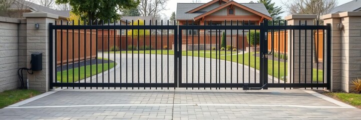 Wide automatic sliding gate with remote control security system, protecting entrance of residential or commercial property, control, gate, wide