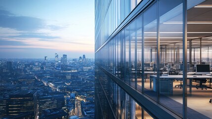 A modern office building with glass facades overlooking a city skyline at dusk.