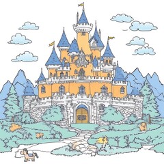 Fairytale castle illustration, mountainous landscape, whimsical scene, children's book