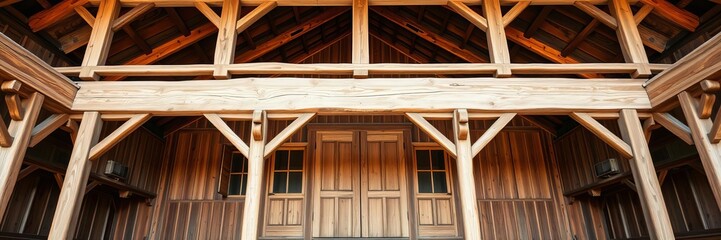 Wide panoramic banner featuring natural wooden beams left untreated, vintage, wooden, home