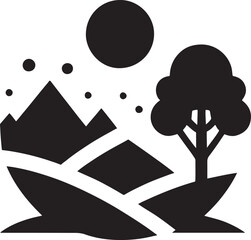 Simple landscape icon sun, mountains, tree.