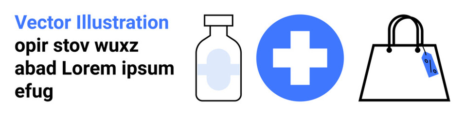 Medicine bottle, healthcare cross in blue circle, and shopping bag with tag suggest medicine, health, shopping. Ideal for healthcare, e-commerce, pharmacy, retail medical branding drugstores flat