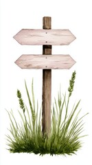 Naklejka premium A rustic wooden signpost surrounded by lush green grass indicating directions.