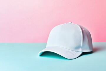 Fototapeta premium A light blue baseball cap rests on a pastel surface