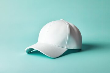 Fototapeta premium A Plain White Baseball Cap Rests on a Teal Background