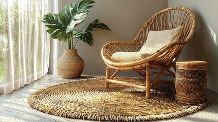 Fototapeta premium Wicker chair with monstera plant next to window, for relaxation and wellness