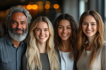 Fototapeta premium four people standing next to each other. They are men and women, smiling and looking very friendly. 