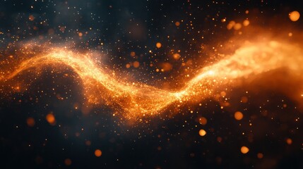 Abstract swirling particles, golden energy, dark background, glowing effect