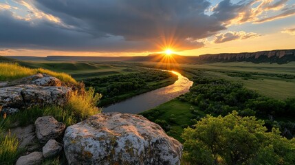 Scenic Sunset Over River Valley from Clifftop