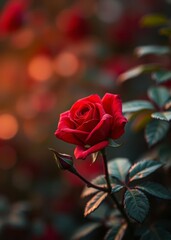 A single red rose on a rose bush with closed rose buds and a bokeh background bokeh red bokeh abstract background glow design light texture effect sparkle
