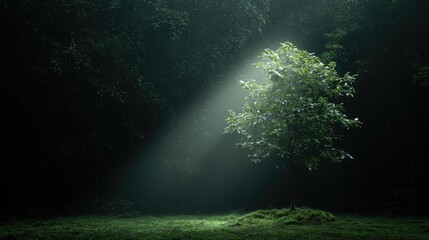Obraz premium Sunlight on a solitary tree in a dark forest. Possible use for nature documentaries, environmental articles