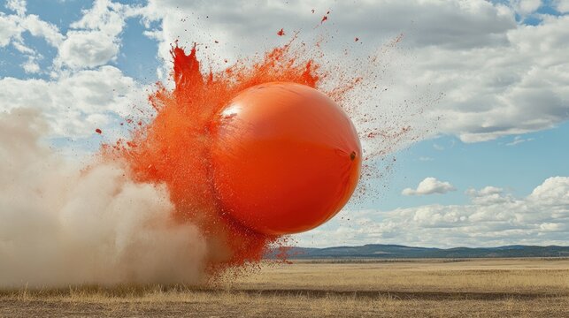 Orange balloon exploding in field, dust cloud, sky
