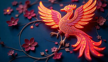 Obraz premium Luminous Phoenix: Intricate Paper Art with Glowing Details