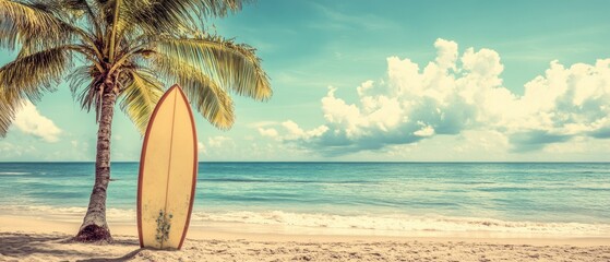 A serene beach scene featuring a surfboard and palm tree under a bright sky.