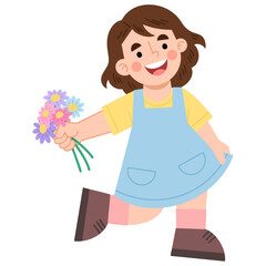 Illustration of playful girl holding flowers 