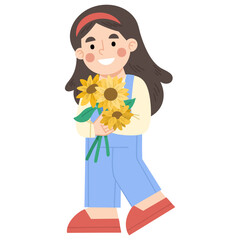 Illustration of girl holding sunflowers in casual outfit