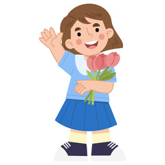 Illustration of cheerful girl holding flowers