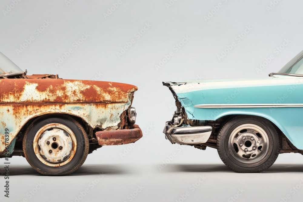 Poster Comparison of a dented rusted car and a perfectly restored vehicle showcasing the transformation of automotive repair. Generative AI
