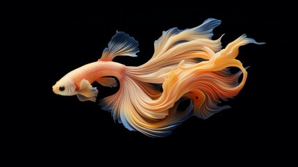 Fototapeta premium Colorful tropical siamese fighting betta fish with peach, orange, blue colors, long tail, organic silky flowing shapes, multicolor fluid textures, realism abstraction style on black background.