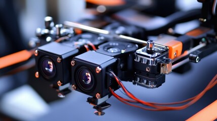Close up of a professional 3d stereoscopic camera rig capturing immersive visuals, showcasing cutting edge technology in filmmaking and photography