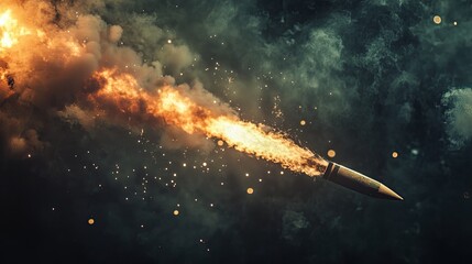 Missile launch, fiery trail, night sky, war conflict, military power