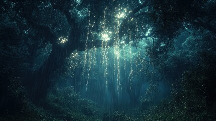 Mystical forest scene, glowing vines, dark trees, sunlight filtering through