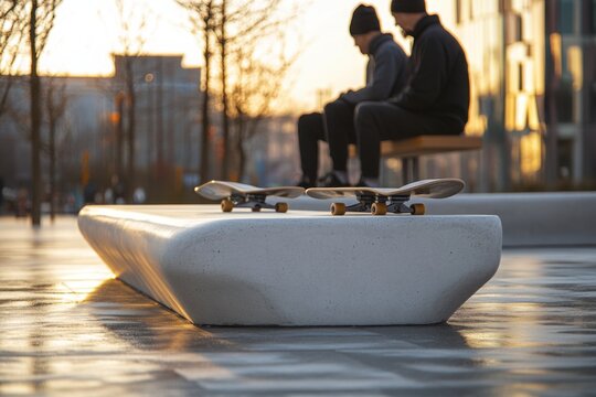 Concrete skatepark bench, modern and minimalist design, two skateboarders in the background sitting on it, daylight, city street, ultra-realistic photography.