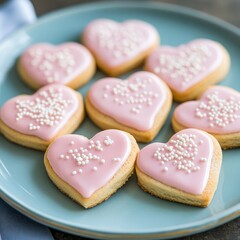 Delightful heart-shaped cookies with pink icing and sprinkles served on a teal plate