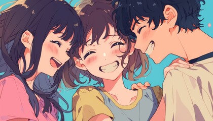 two girls and one boy laughing together. The girl on the left has long black hair with bangs, wearing a pink shirt