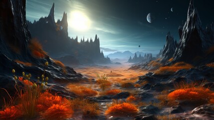 Naklejka premium Vivid alien landscape with dramatic mountains and colorful flora under a bright celestial sky
