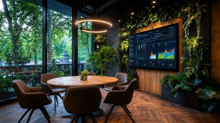 Modern meeting room with city view, data display, and greenery