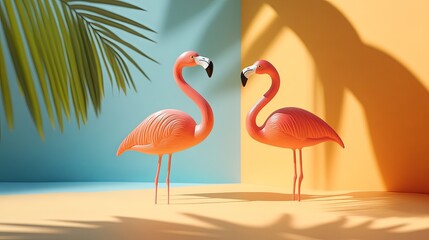 Obraz premium Flamingo toys in motion, vibrant colors, simple yet creative design, evoking joy and playfulness.