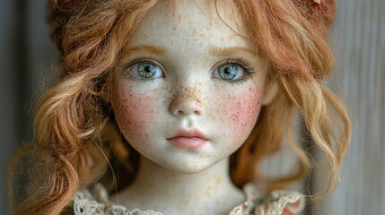 Detailed doll portrait,  girl,  indoor,  floral background.  Use stock photo