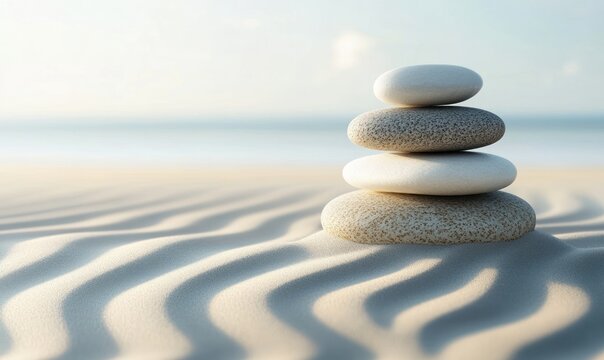 A serene stack of pebbles on a sandy beach, symbolizing balance and tranquility.