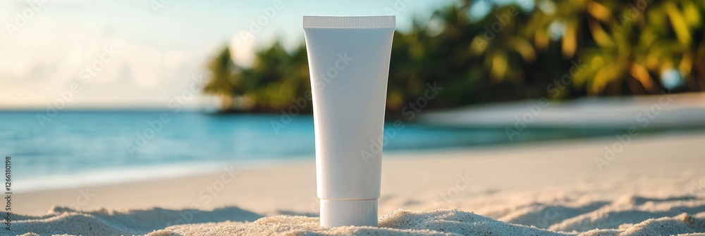 Poster Cosmetics cream tube rests on soft sand with serene beach and lush palm trees in background during sunny day. Generative AI