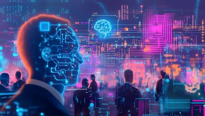 People engage with futuristic technology, showcasing artificial intelligence and digital innovation in a vibrant urban setting