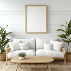 A cozy, minimalist Scandinavian-style living room with a white sofa, wooden furniture, and green plants. A blank frame on the wall offers customization potential for artwork or posters.