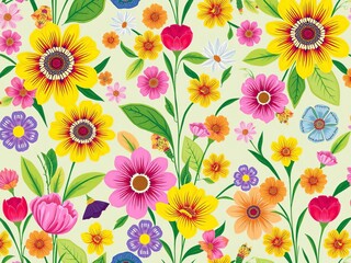 Vibrant floral pattern featuring a central yellow flower surrounded by colorful blooms, blooming, design, floral