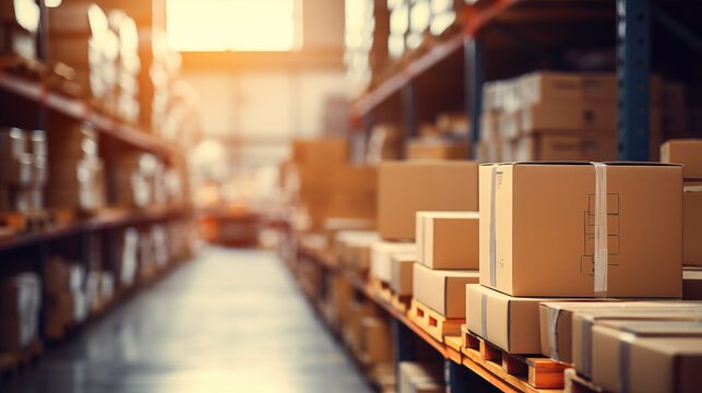 interior of storage warehouse with boxes and forklifts, copy space