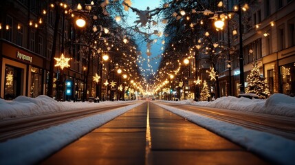 Snowy European Christmas street scene at dusk