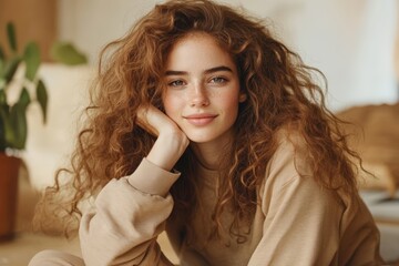 Fototapeta premium Young woman with beautiful curly hair poses warmly indoors in a cozy environment during daylight hours