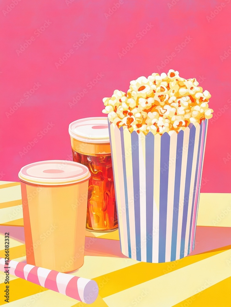 Poster colorful popcorn and drinks on a bright table with a playful pink background capturing a sweet snack