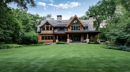 Luxury Log Cabin Home nestled in lush greenery