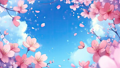 Pink Cherry Blossoms Falling Against A Blue Sky