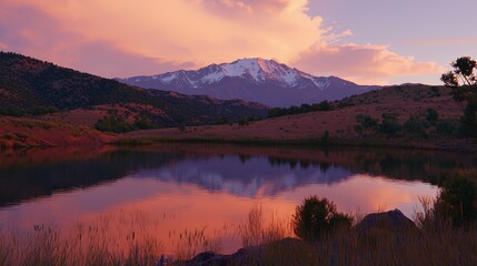 Fototapeta premium Serene Mountaintop Reflection at Sunset Over Tranquil Lake Surrounded by Lush Green Hills and Vibrant Sky Colors