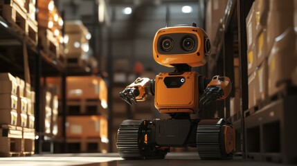 A small, orange robot in a warehouse among stacked boxes, showcasing automation in industry.